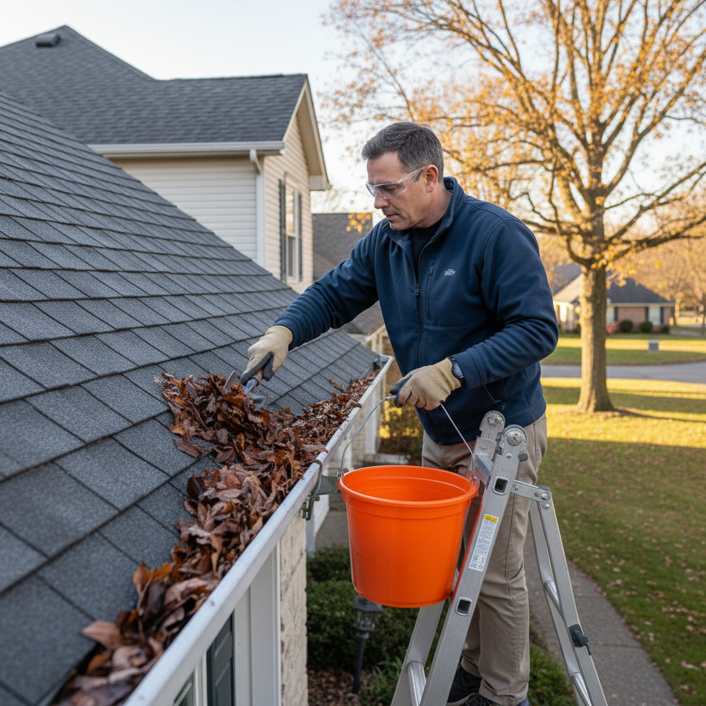 Homeowner on a ladder cleaning leaves and debris from a rain gutter to prevent roof damage.