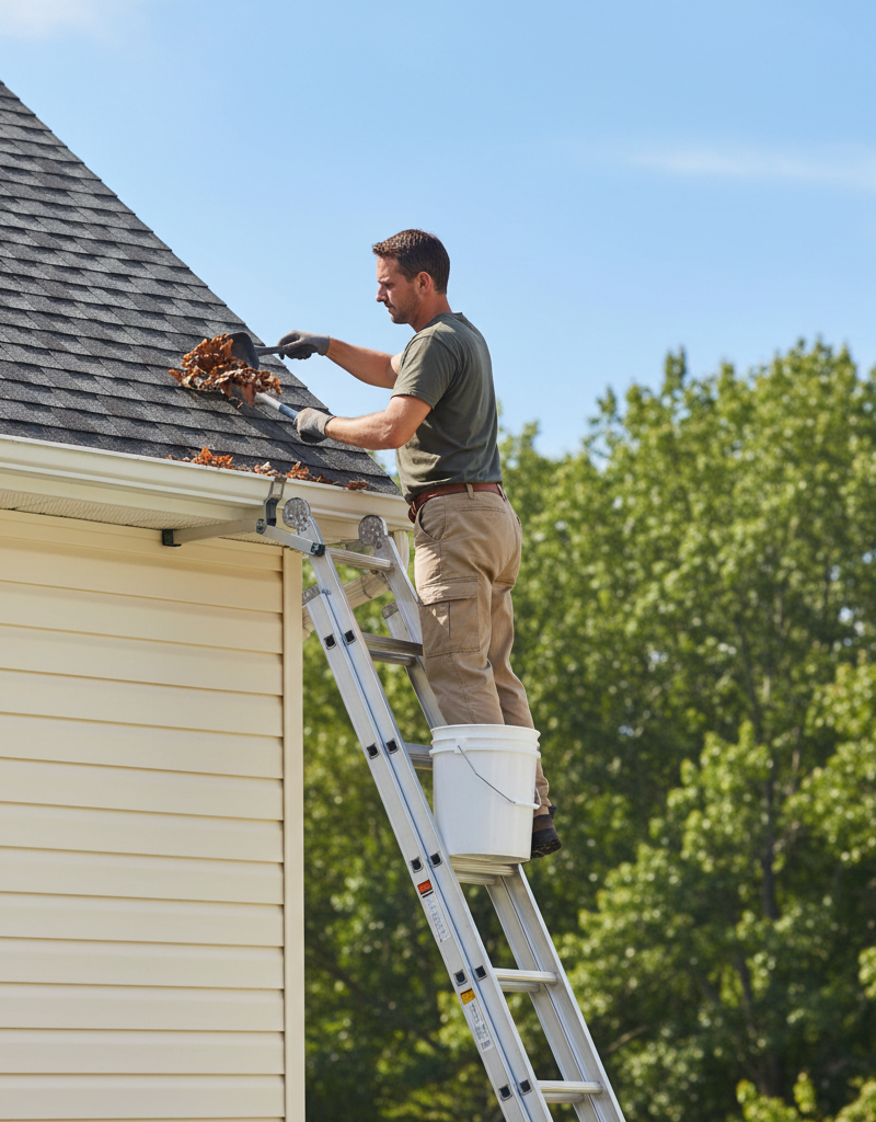 Homeowner safely cleaning leaves and debris from a rain gutter, with a bucket for collection.