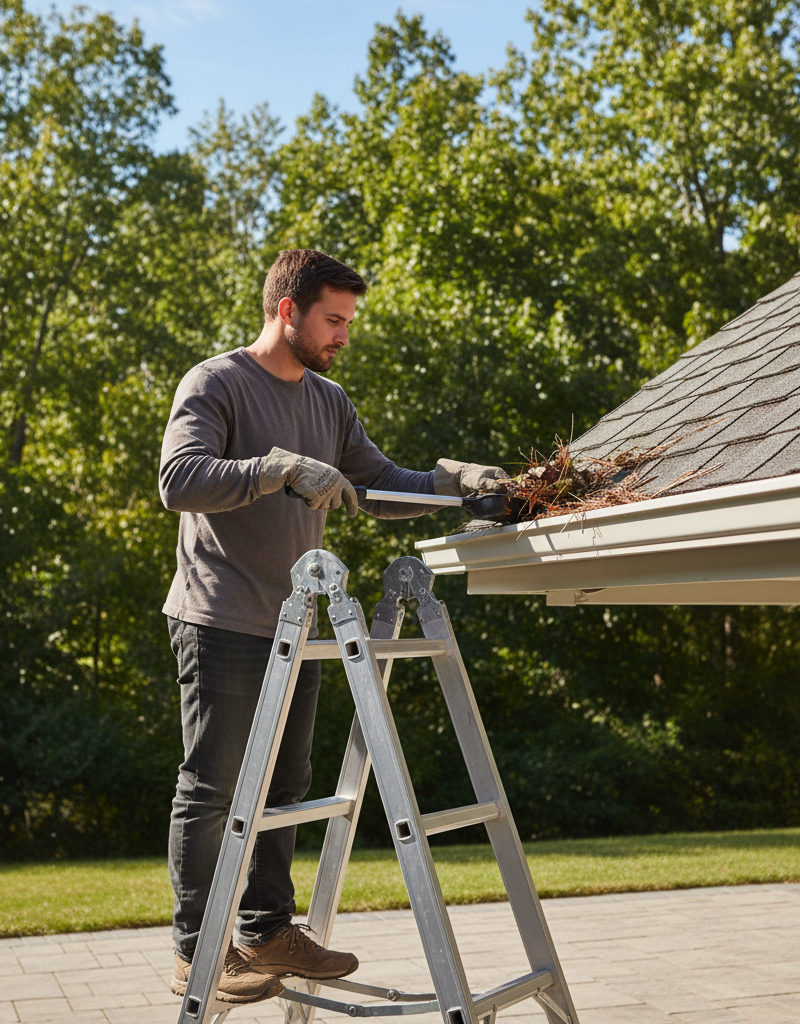 Homeowner cleaning gutters with a ladder and gloves to prevent roof damage