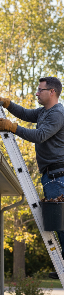 Homeowner wearing work gloves, safely on a ladder, scooping wet leaves from a clogged rain gutter attached to a suburban house.