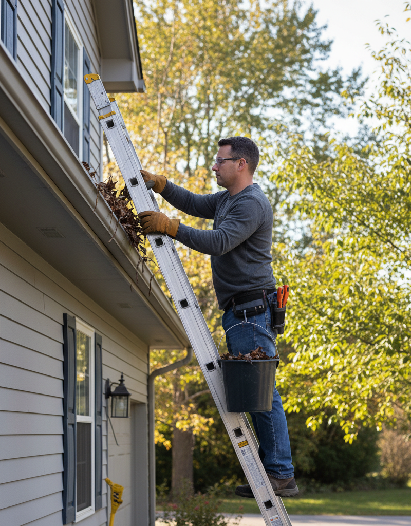 Homeowner wearing work gloves, safely on a ladder, scooping wet leaves from a clogged rain gutter attached to a suburban house.
