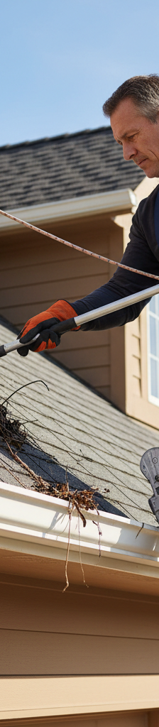Homeowner safely cleaning leaves and mud from a residential gutter on a sturdy ladder, preventing roof damage.