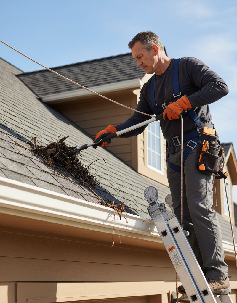 Homeowner safely cleaning leaves and mud from a residential gutter on a sturdy ladder, preventing roof damage.