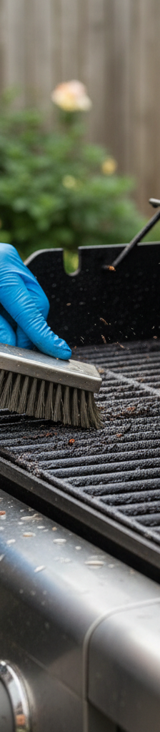 Hands in gloves scrubbing dirty grill grates with a wire brush during grill cleaning and maintenance.
