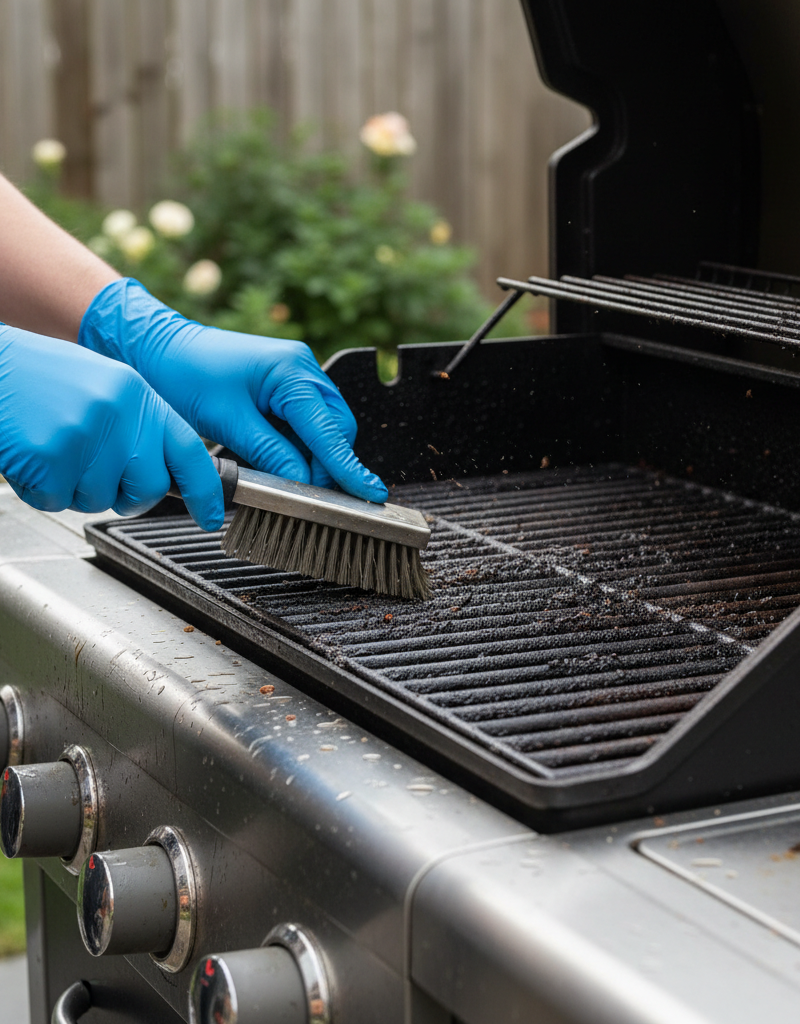 Hands in gloves scrubbing dirty grill grates with a wire brush during grill cleaning and maintenance.
