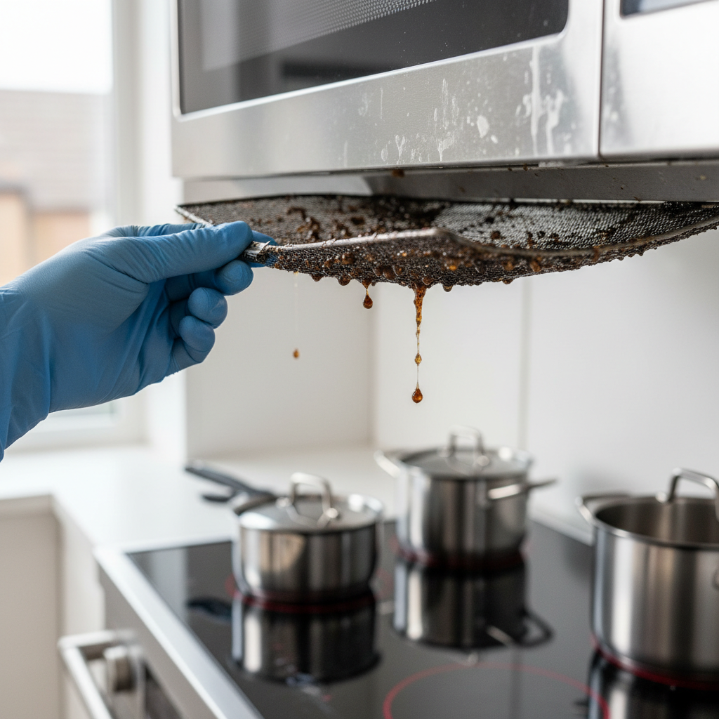Hand removing a grimy, grease-caked mesh filter from under an over-the-range microwave