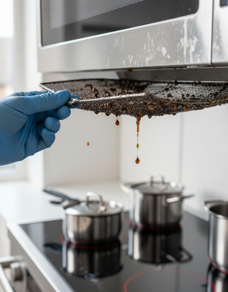 Hand removing a grimy, grease-caked mesh filter from under an over-the-range microwave