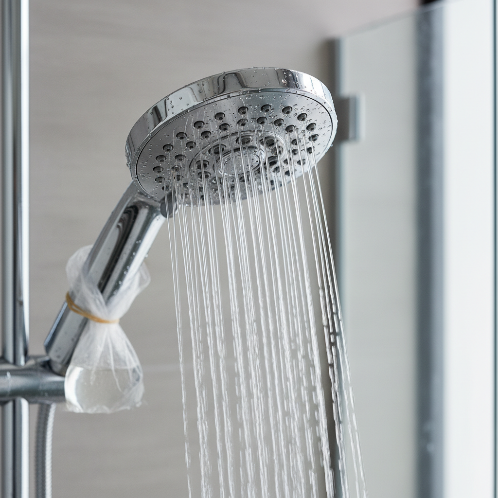 Glistening chrome shower head spraying perfect, high-pressure streams of water after cleaning with vinegar.
