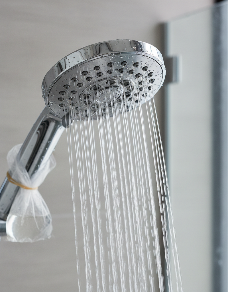 Glistening chrome shower head spraying perfect, high-pressure streams of water after cleaning with vinegar.