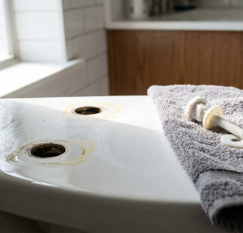 Disassembled toilet seat hinges and mounting bolts being cleaned on porcelain deck