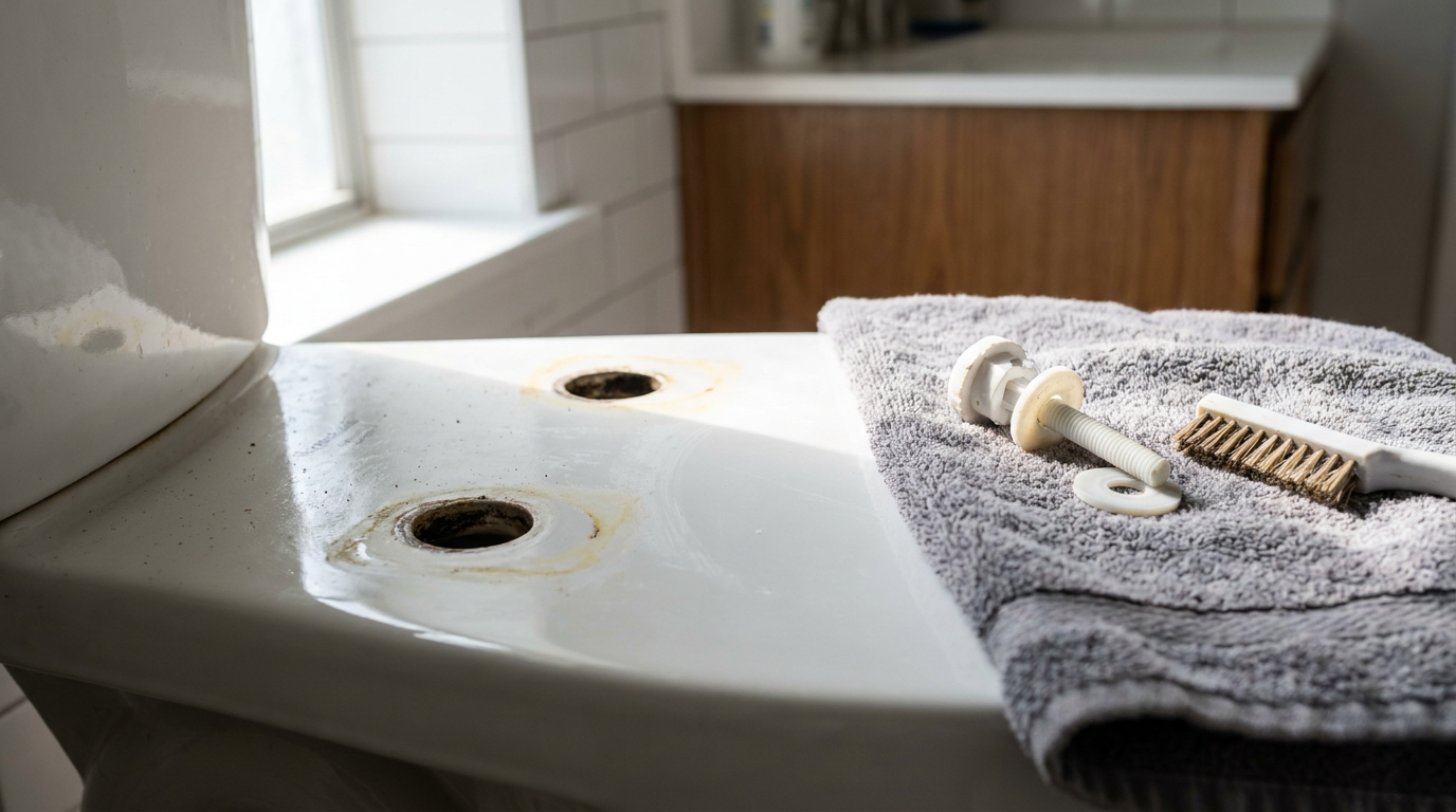 Disassembled toilet seat hinges and mounting bolts being cleaned on porcelain deck