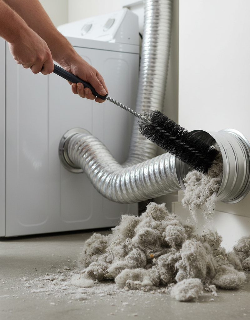 Homeowner uses a long brush to clean lint out of a dryer vent duct.