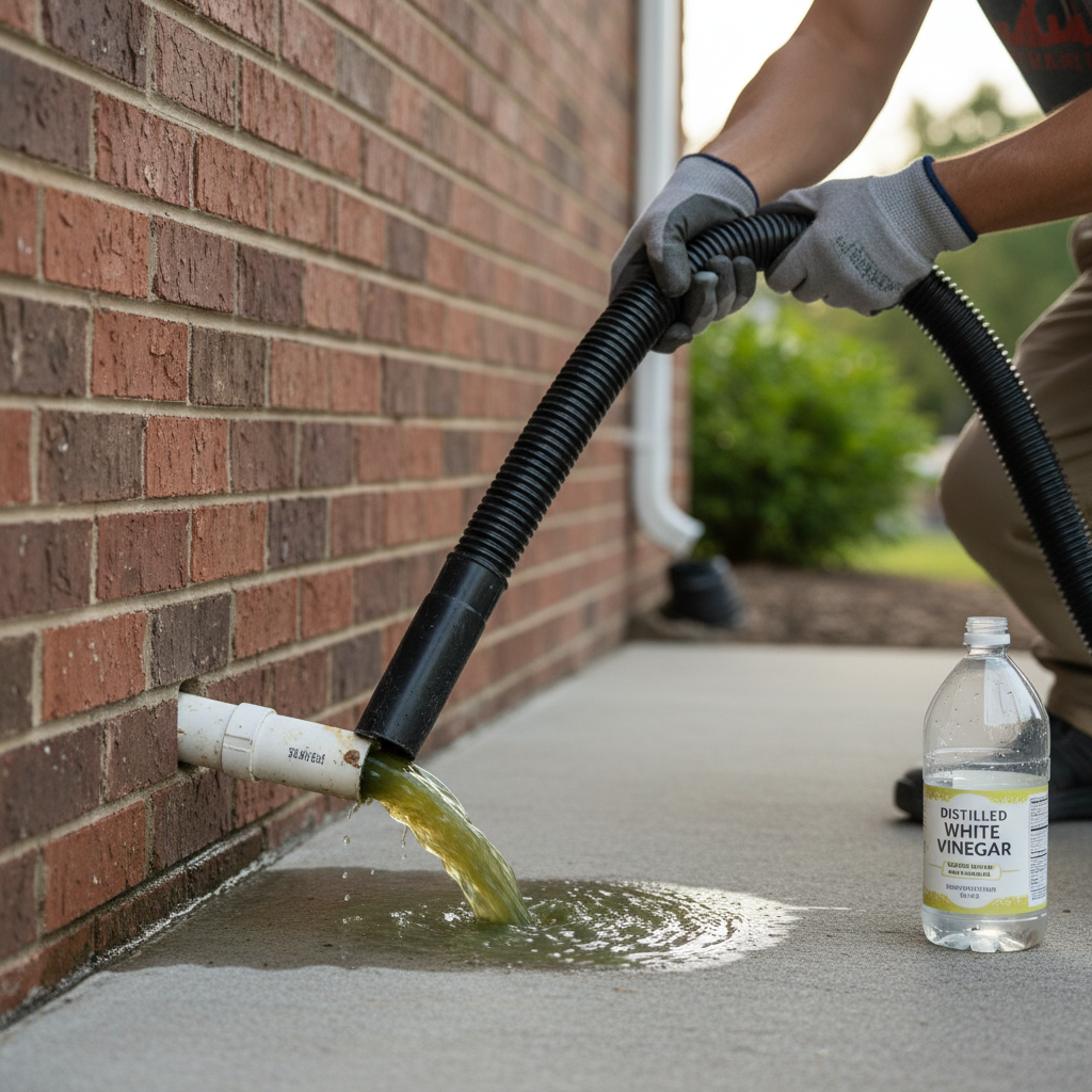 Homeowner using a wet/dry vac to clear an outdoor AC condensate drain line clog, with a bottle of vinegar.