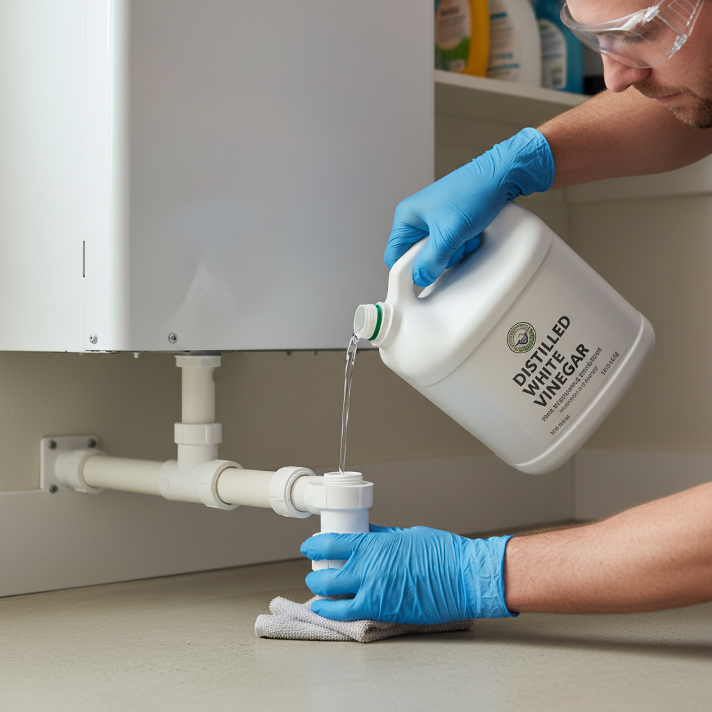 Homeowner pouring white vinegar into AC condensate drain line access port to clear a clog.
