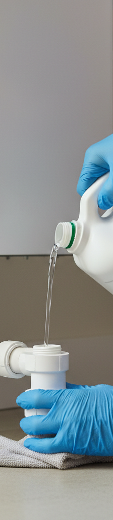 Homeowner pouring white vinegar into AC condensate drain line access port to clear a clog.
