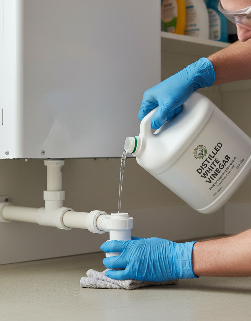 Homeowner pouring white vinegar into AC condensate drain line access port to clear a clog.