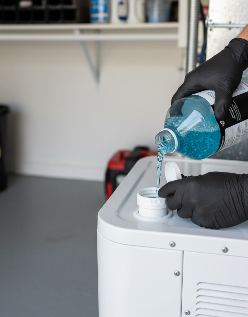 Homeowner pouring cleaning solution into a clogged AC drain line access point to clear a blockage and prevent water damage.
