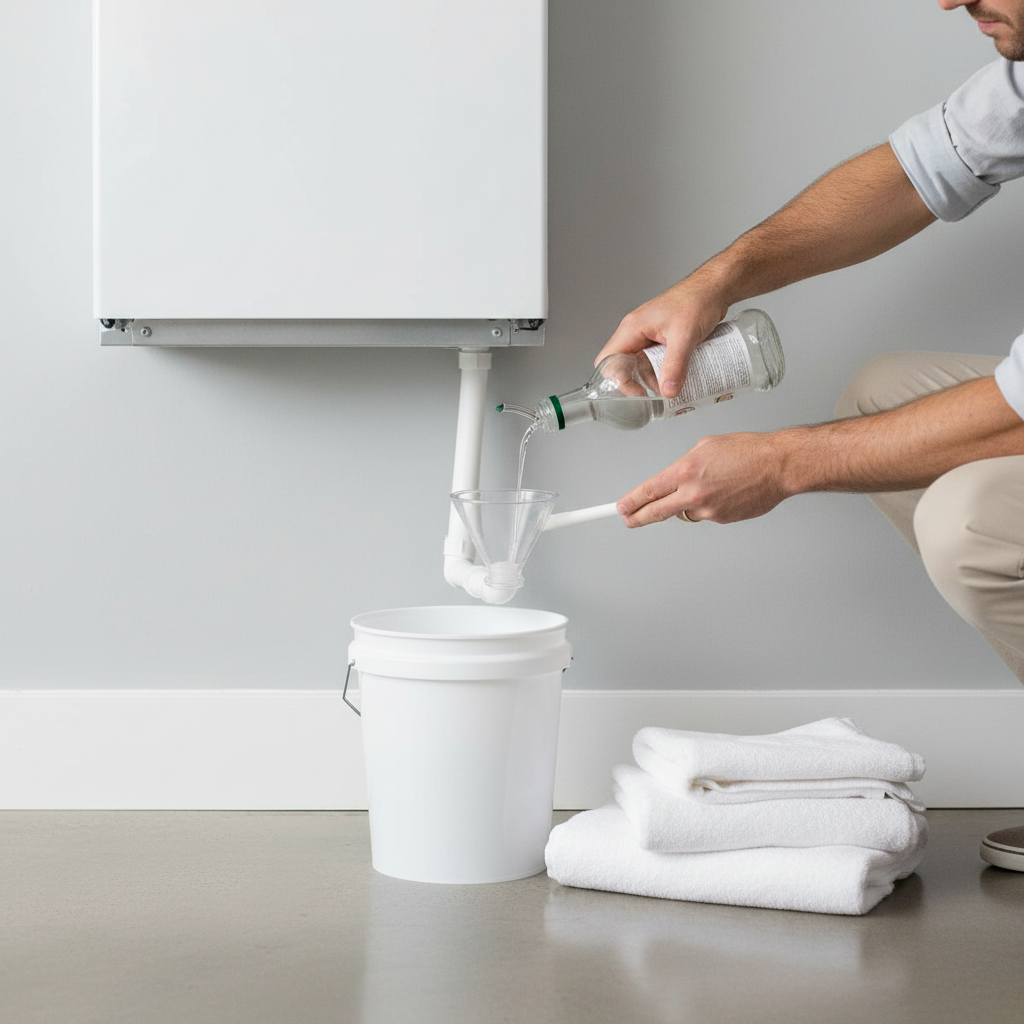 Homeowner pouring white vinegar into AC condensate drain line access port to clear clog