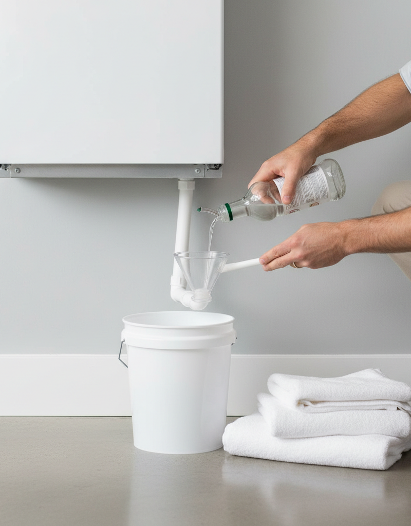 Homeowner pouring white vinegar into AC condensate drain line access port to clear clog