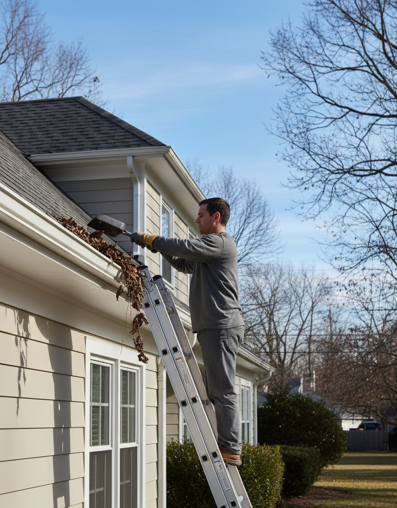 Homeowner safely cleaning clogged gutters with a ladder and scoop, preventing roof damage