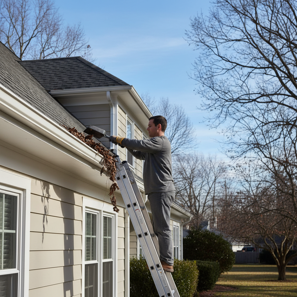 Homeowner safely cleaning clogged gutters with a ladder and scoop, preventing roof damage