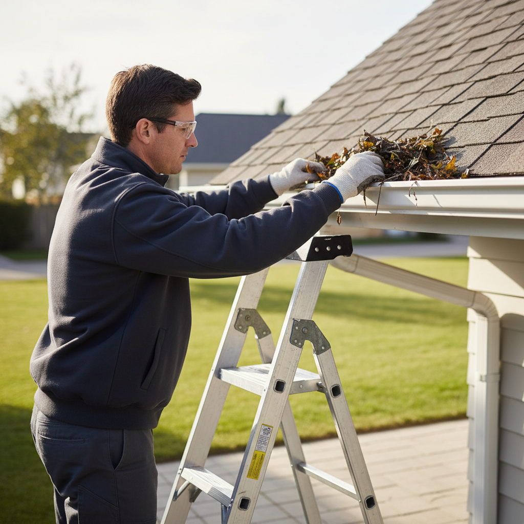 Homeowner on ladder cleaning leaves from a gutter to prevent roof damage