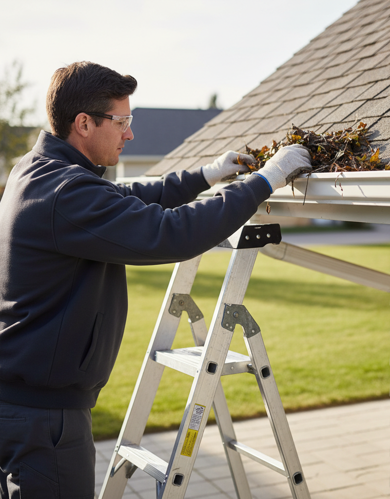 Homeowner on ladder cleaning leaves from a gutter to prevent roof damage