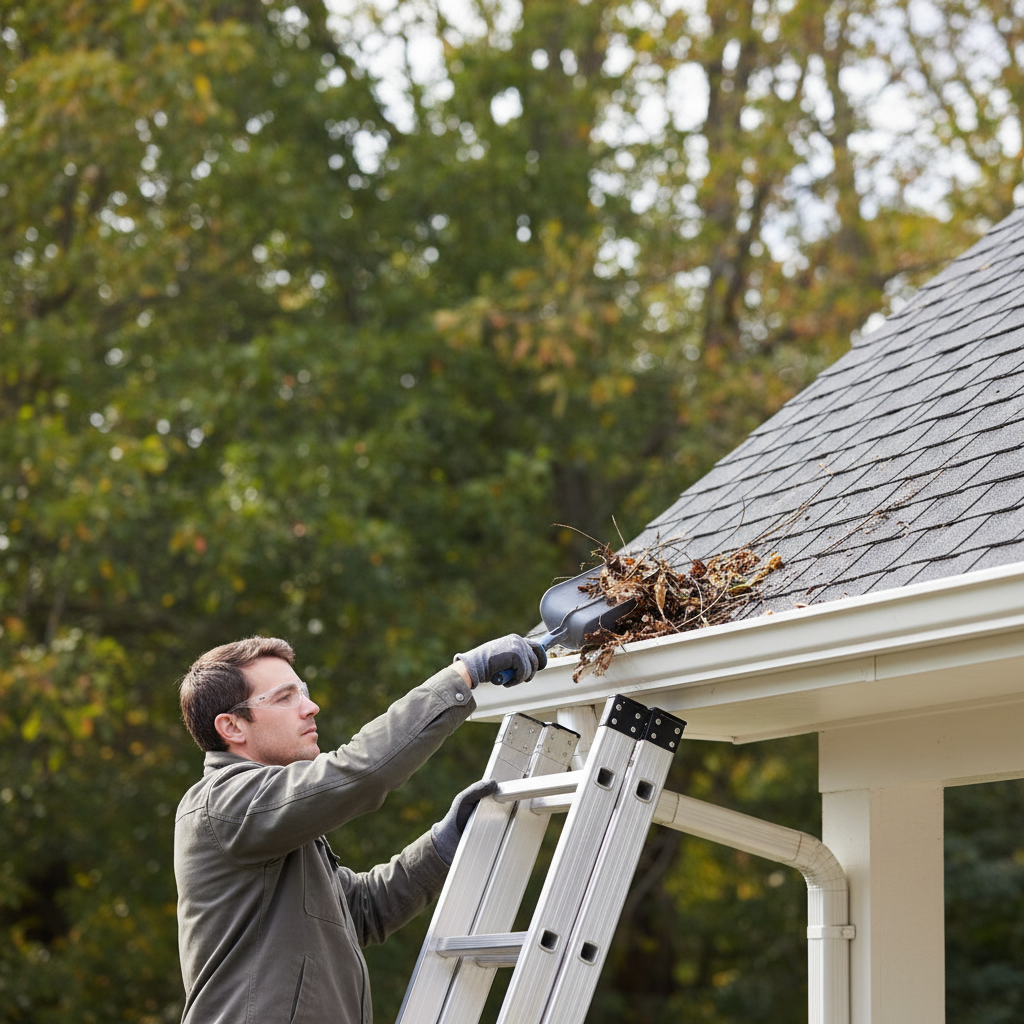 Homeowner safely cleaning leaves from a gutter on a sunny day.