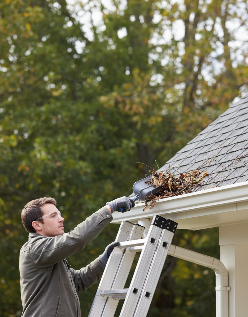Homeowner safely cleaning leaves from a gutter on a sunny day.