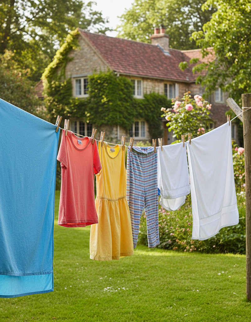 Freshly washed clothes hanging on a clothesline in a sunny backyard, swaying gently in the breeze.