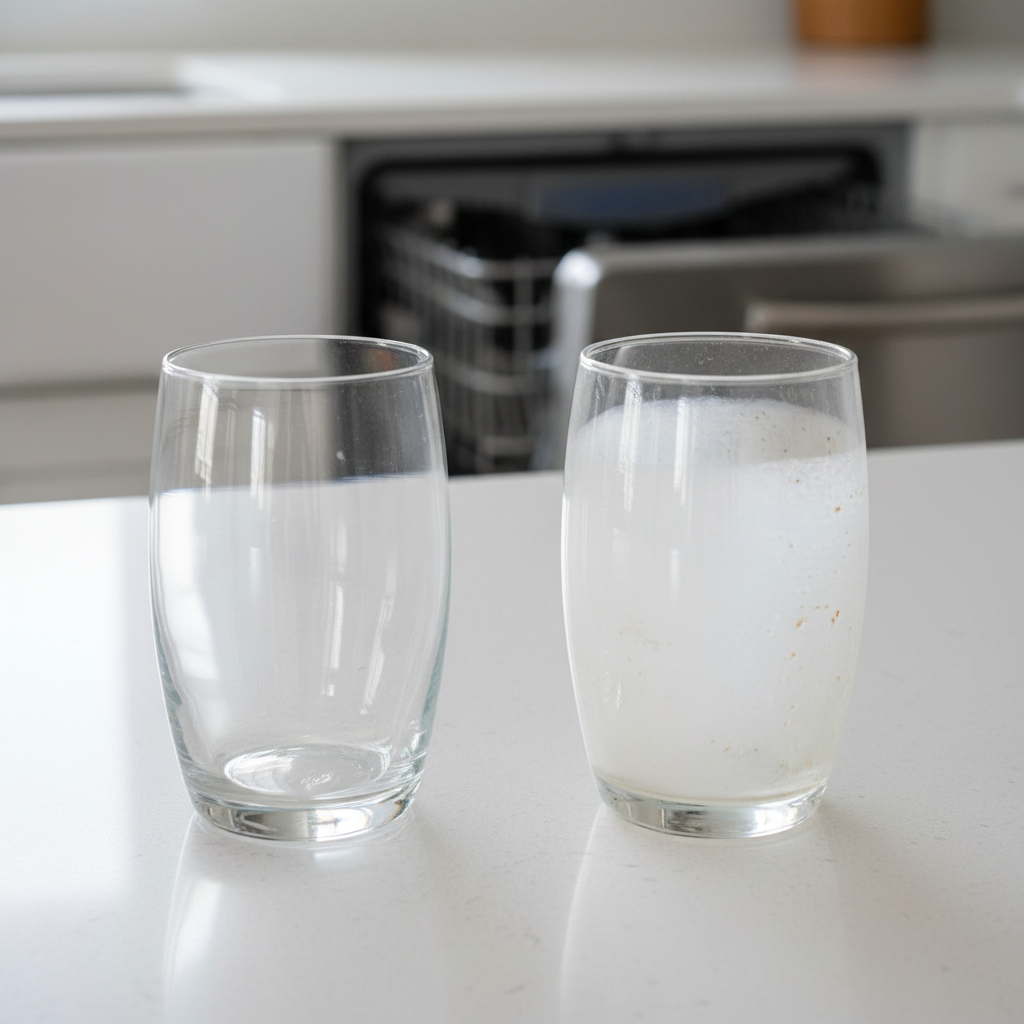 A clear, sparkling drinking glass next to a cloudy, hazy glass, illustrating the problem of dishwasher film.