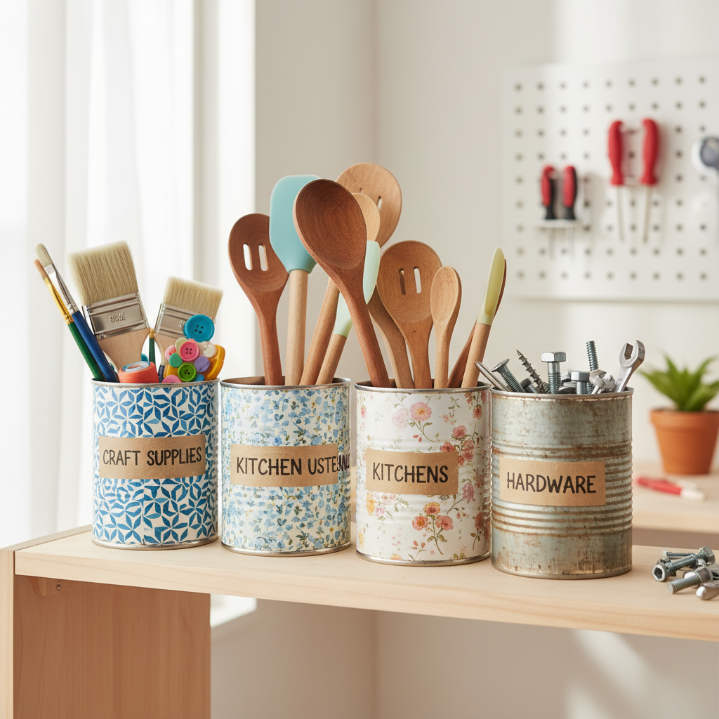 Decorated coffee cans repurposed as home organizers, holding pencils, paintbrushes, and kitchen tools.