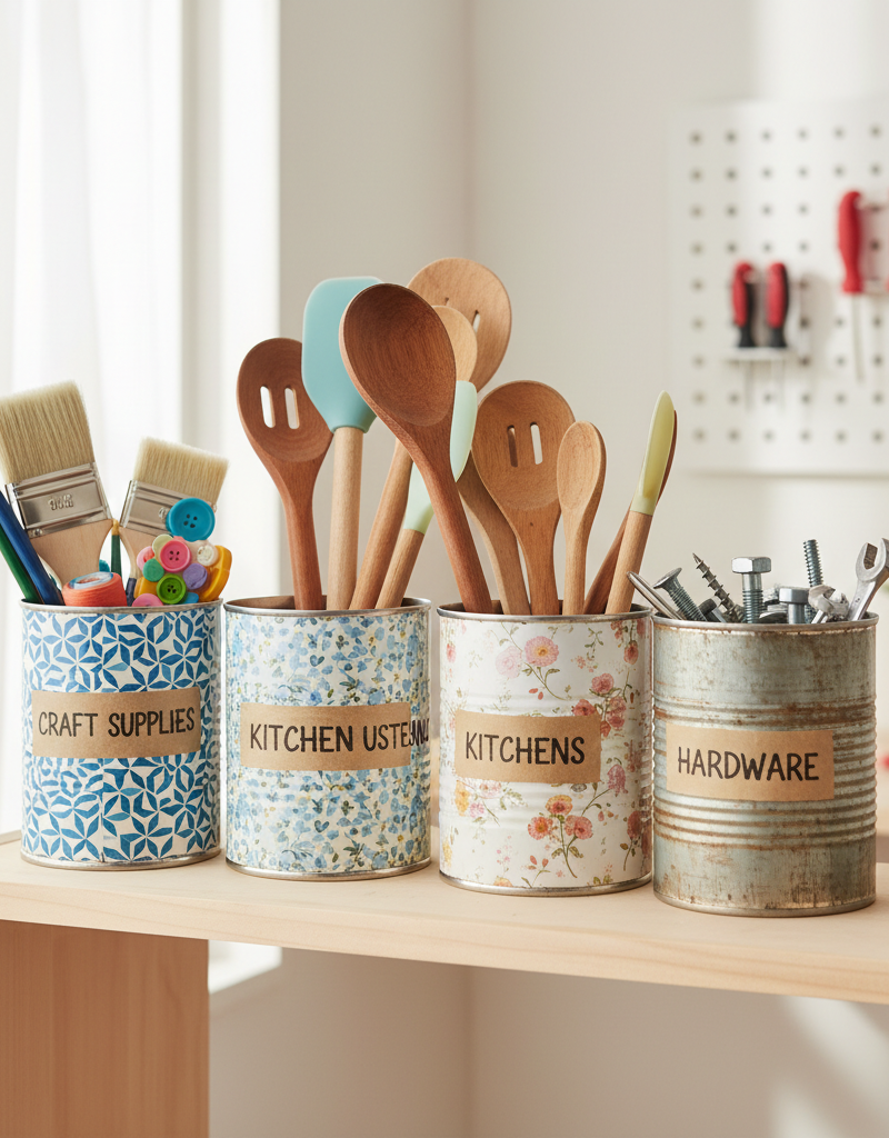 Decorated coffee cans repurposed as home organizers, holding pencils, paintbrushes, and kitchen tools.