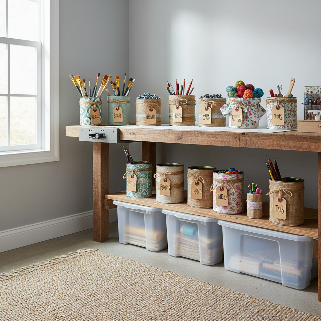 Repurposed coffee cans organize craft supplies and tools in a tidy workshop.