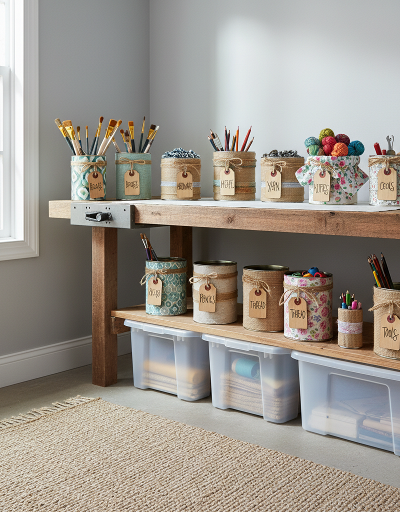 Repurposed coffee cans organize craft supplies and tools in a tidy workshop.