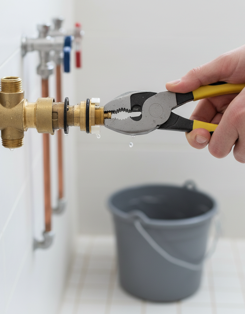 Homeowner's hands adjusting a shower mixing valve cartridge to restore hot water flow.