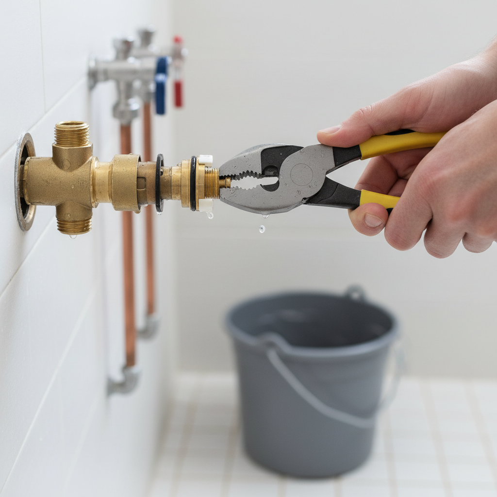Homeowner's hands adjusting a shower mixing valve cartridge to restore hot water flow.