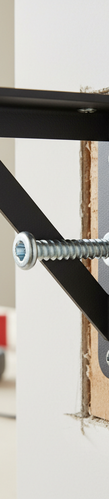 Close-up of a heavy-duty shelf bracket secured with a lag screw into a wooden wall stud, demonstrating correct installation.