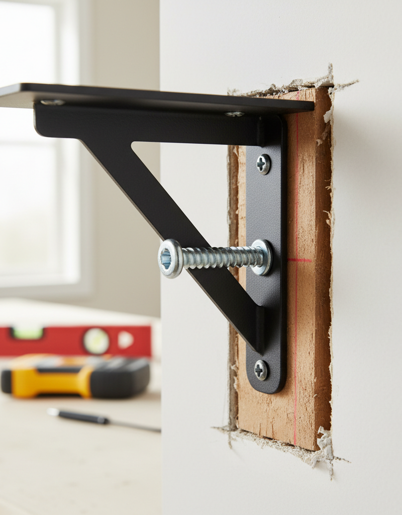 Close-up of a heavy-duty shelf bracket secured with a lag screw into a wooden wall stud, demonstrating correct installation.