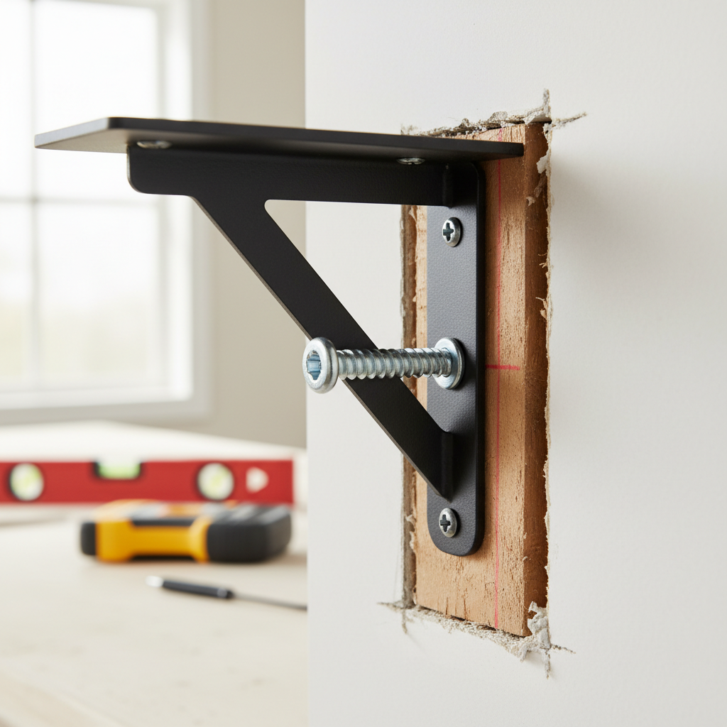 Close-up of a heavy-duty shelf bracket secured with a lag screw into a wooden wall stud, demonstrating correct installation.