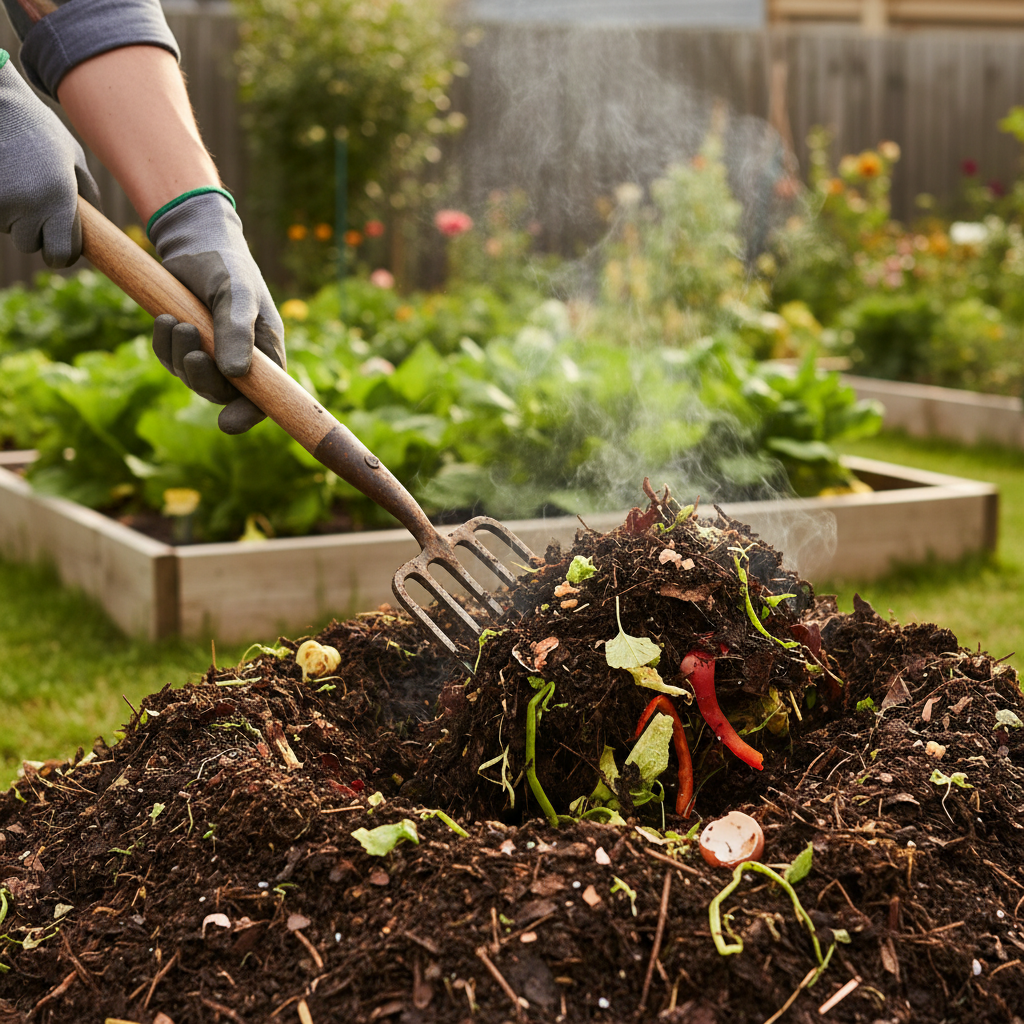 Homeowner turning a healthy, steaming backyard compost pile for aeration.