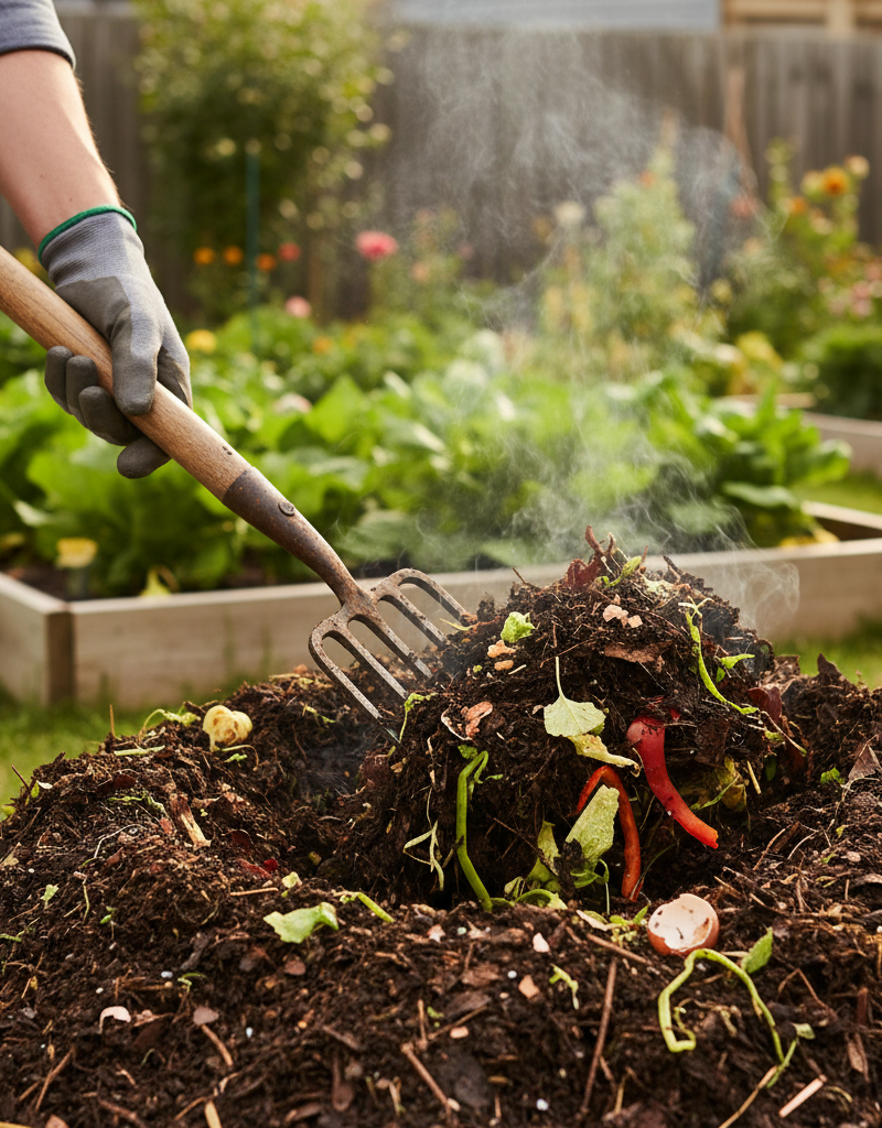 Homeowner turning a healthy, steaming backyard compost pile for aeration.