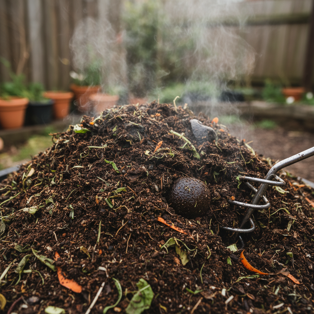 Healthy compost pile with steam rising, a pitchfork visible, indicating active decomposition and good aeration.