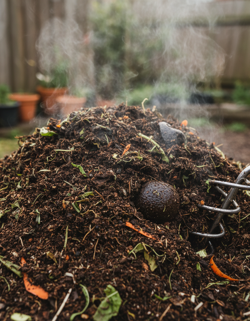 Healthy compost pile with steam rising, a pitchfork visible, indicating active decomposition and good aeration.