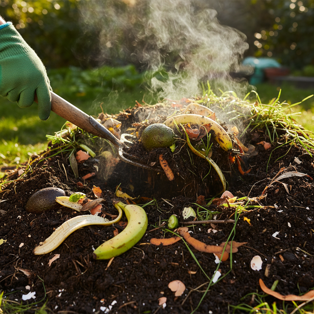 Healthy, active compost pile with finished compost, kitchen, and yard waste