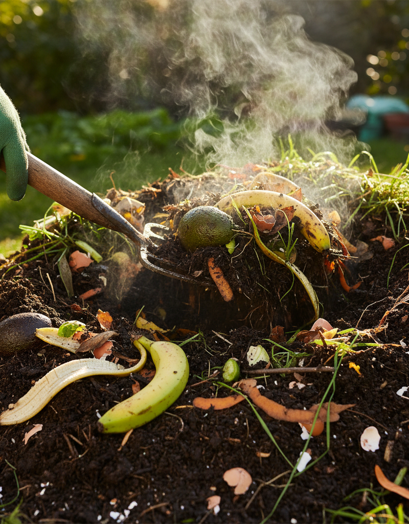 Healthy, active compost pile with finished compost, kitchen, and yard waste