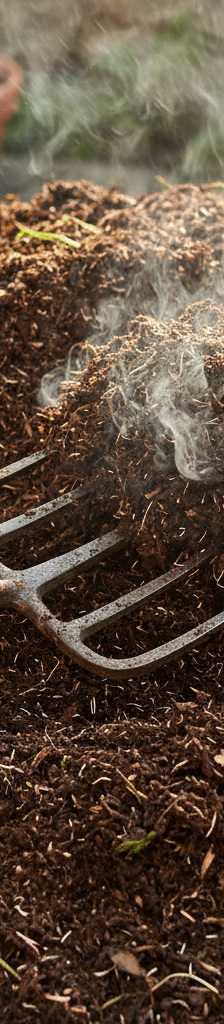 Homeowner's gloved hands turning a steaming, active compost pile with a pitchfork