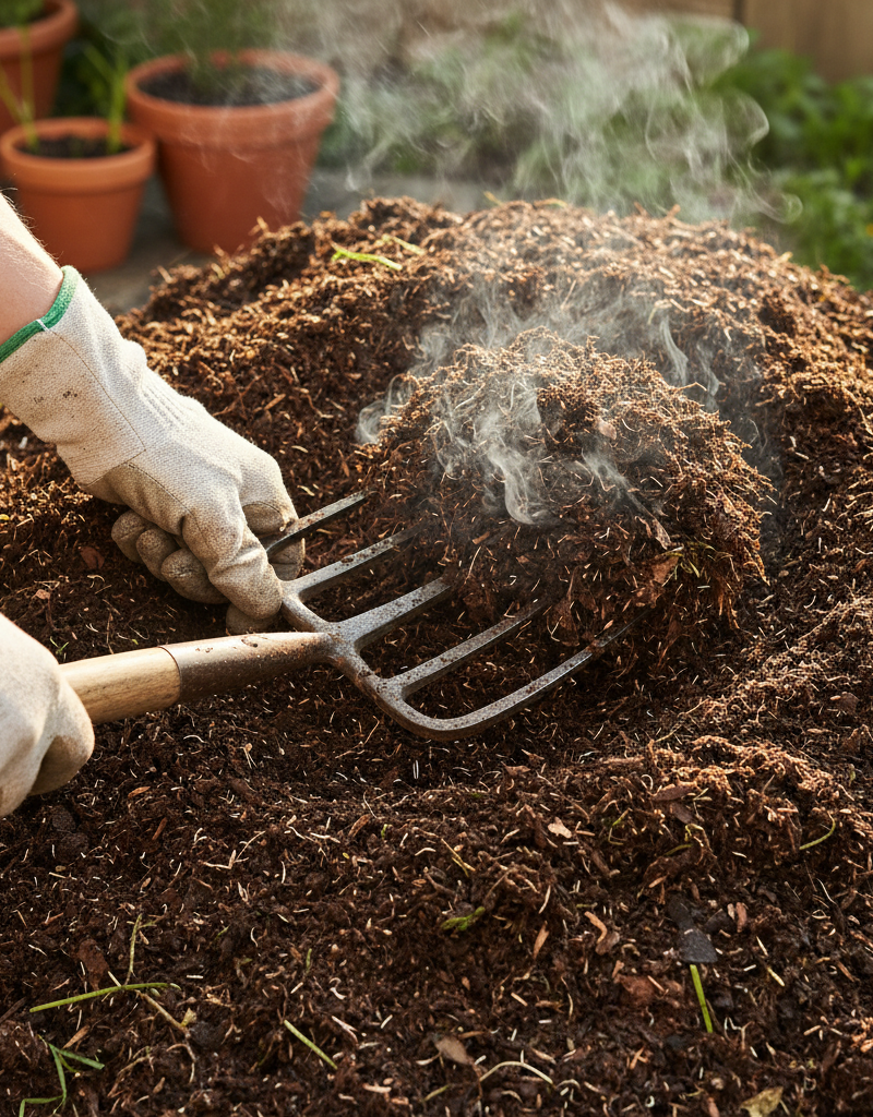 Homeowner's gloved hands turning a steaming, active compost pile with a pitchfork