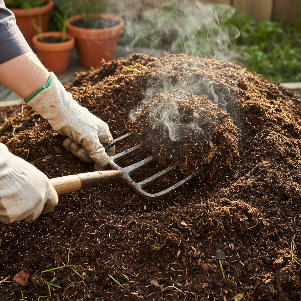 Homeowner's gloved hands turning a steaming, active compost pile with a pitchfork
