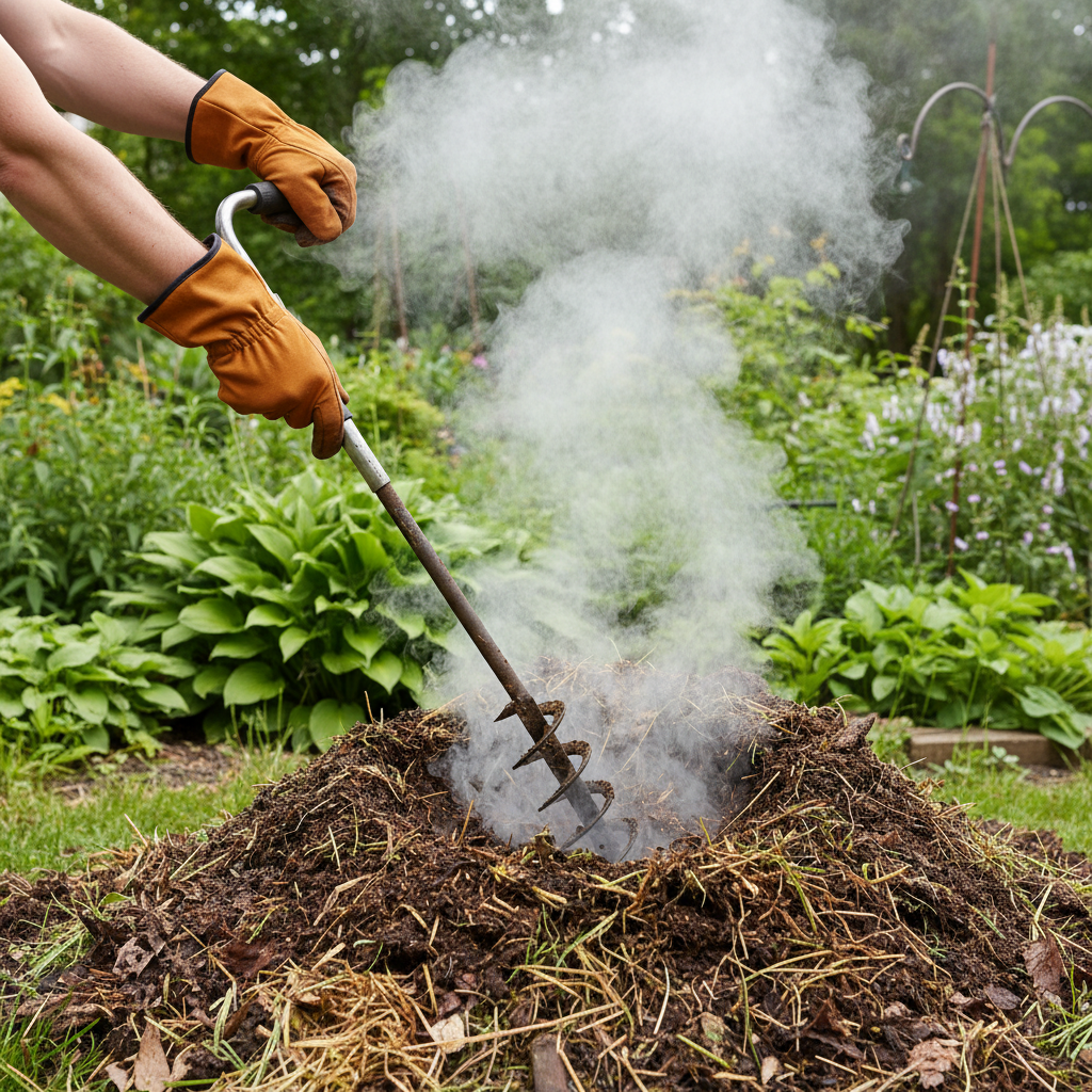Hands turning a steaming compost pile with an aerator, indicating active decomposition and heat.